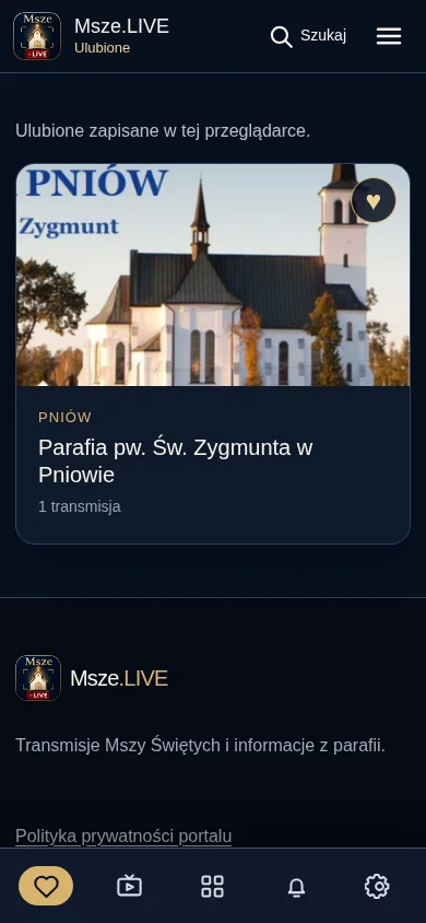 Rzeczywisty ekran ulubionej parafii w Msze.LIVE