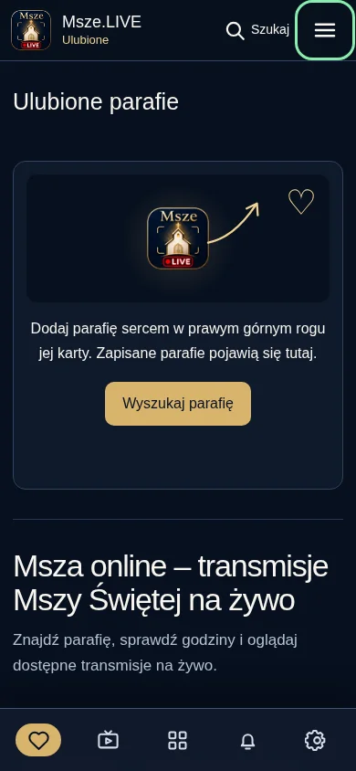Rzeczywisty ekran wyszukiwania i dodawania parafii w Msze.LIVE