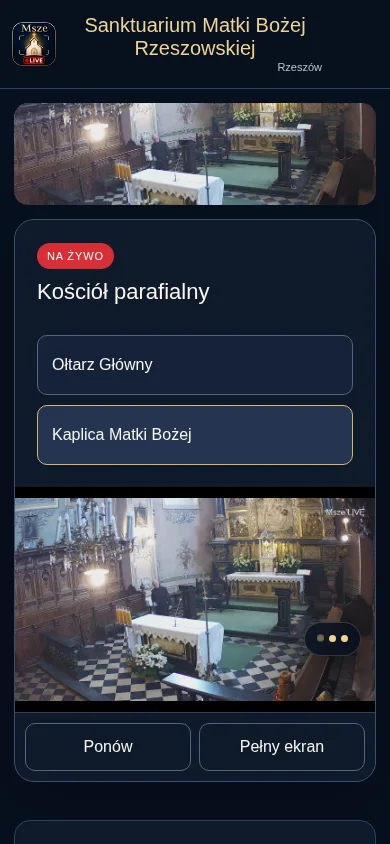 Rzeczywisty ekran parafii i transmisji w mobilnym interfejsie Msze.LIVE