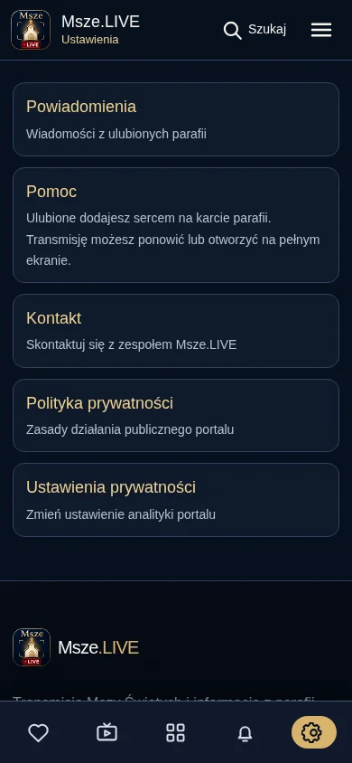 Rzeczywisty ekran ustawień i powiadomień Msze.LIVE